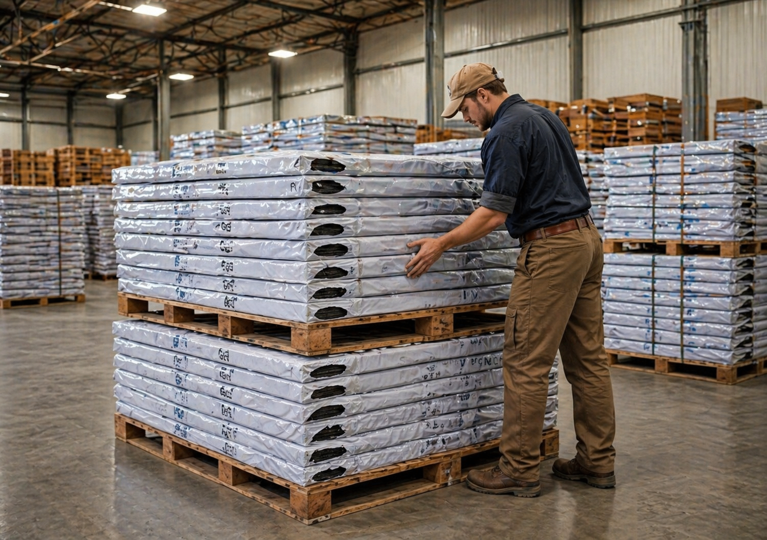 Contractor inspecting shingle bundles in the warehouse