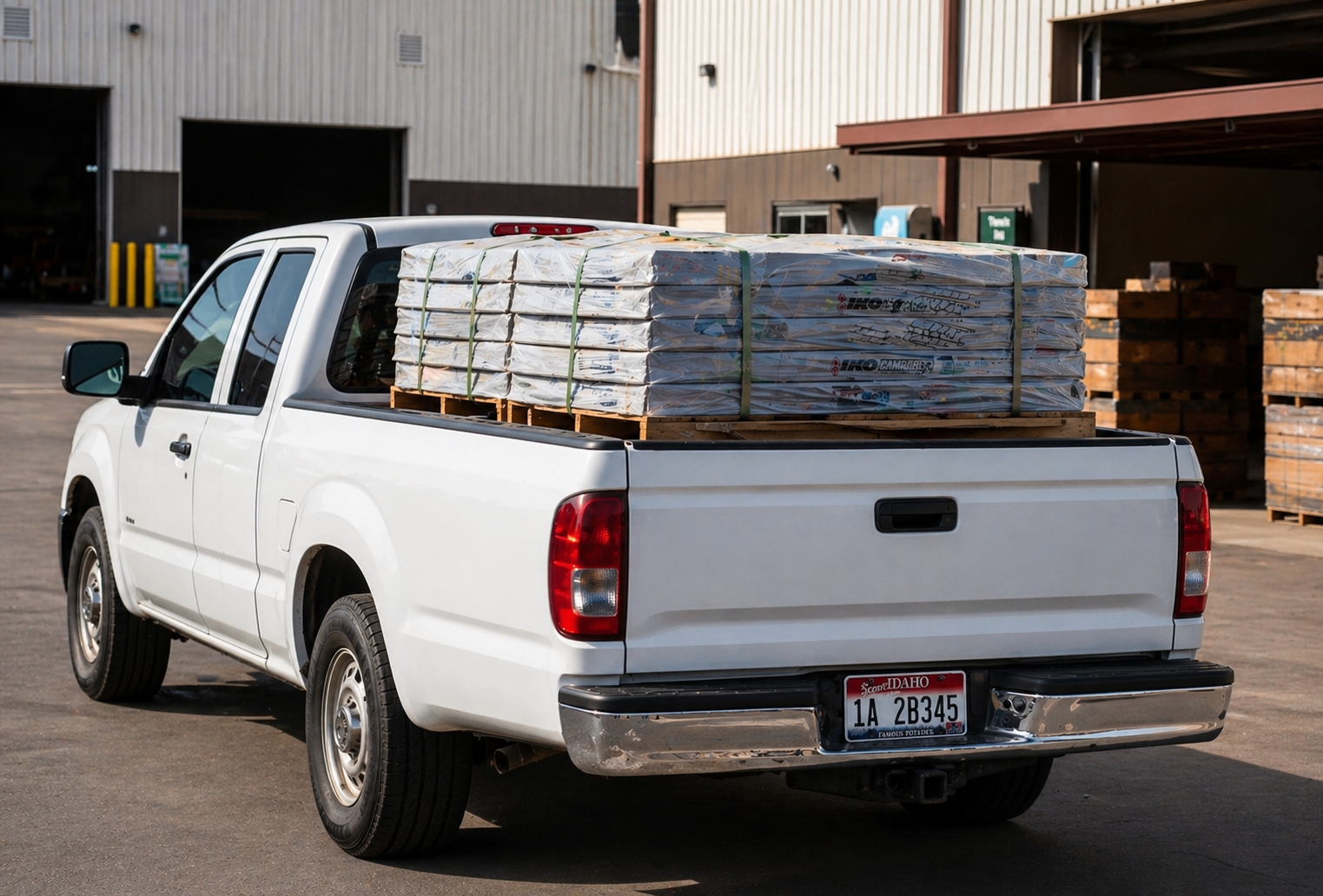 Pickup truck being loaded with shingle bundles