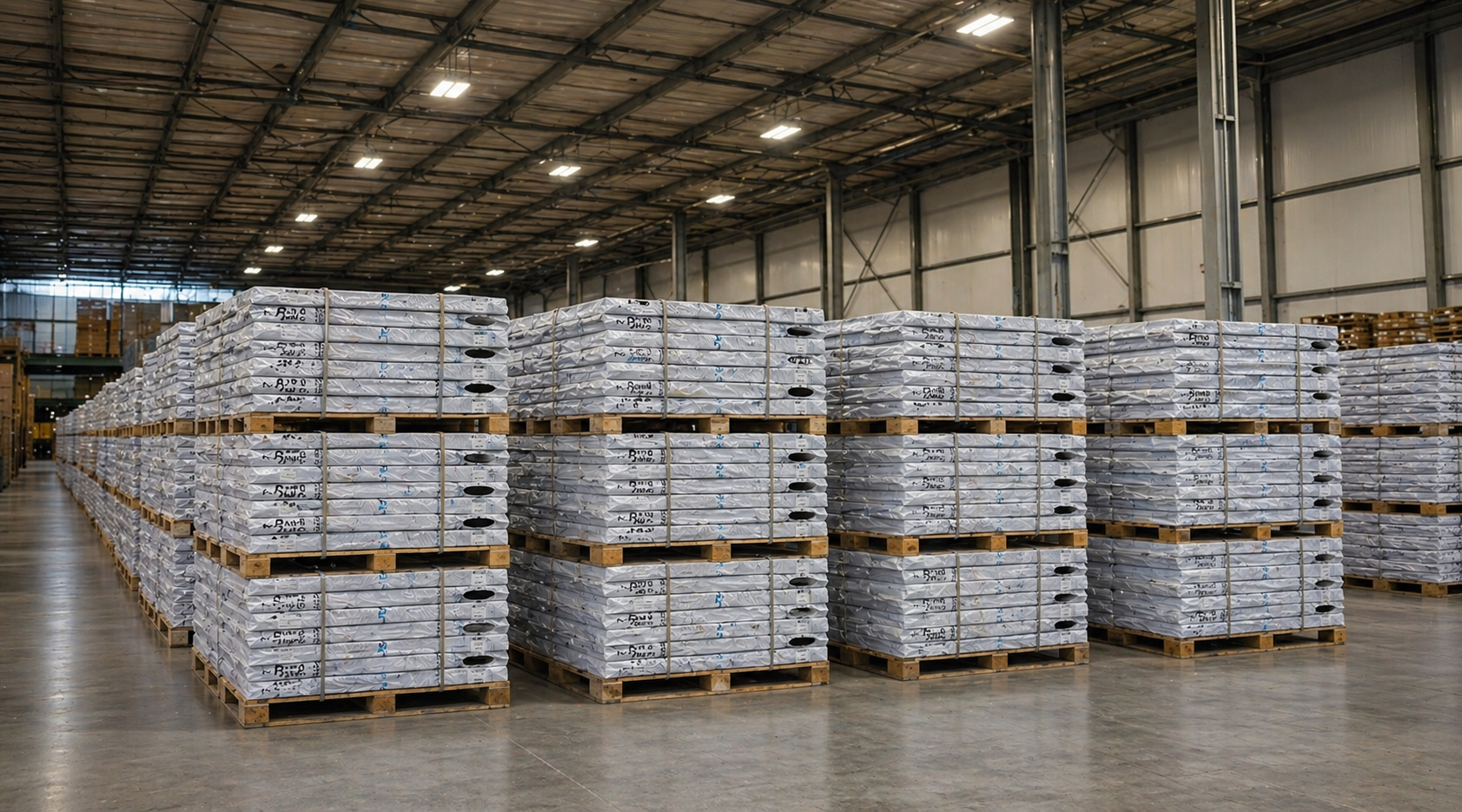 Pallets of architectural shingle bundles in the Idaho Falls warehouse
